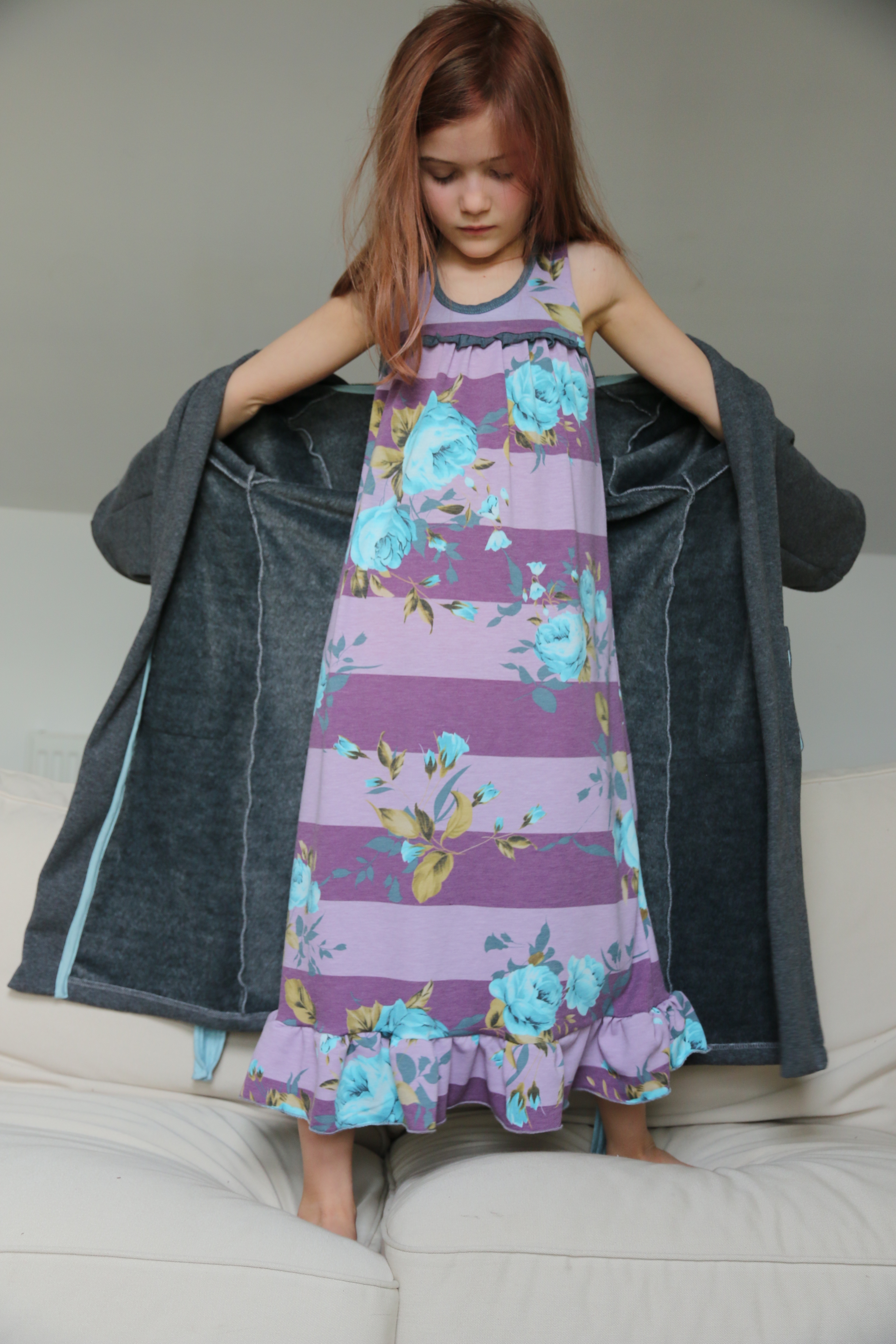 Starry Night PJs in gown option with ruffle detail across bodice and at hem. Shown with Arctic Fox housecoat.