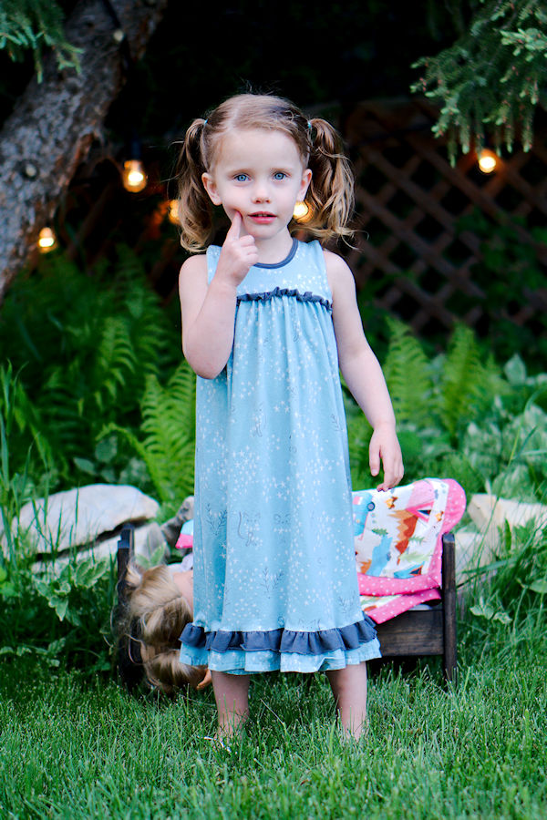 Starry Night PJs in gown option with ruffle detail across bodice and at the hem.