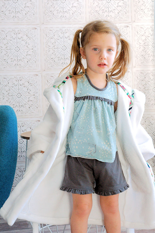 Starry Night PJs in top and short length pant option with ruffle detail across bodice and along shorts hem.