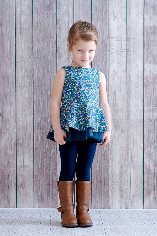 Juniper bow back top with tuxedo style bow. Circle peplum. Reversible shirt for everyday or special occasions. Pairs perfectly with Dandelion peplum tank and Rocky Shore tights.