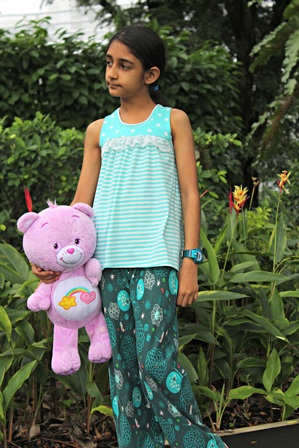 Starry Night PJs in top and long length pant option with ruffle detail across bodice.