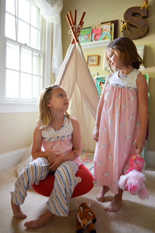 Starry Night PJs in top and long length pant option as well as gown. Ruffle detail across bodice.