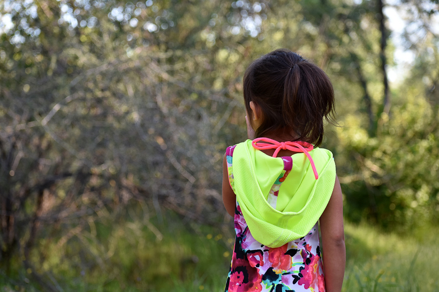 Moss knit dress or swim cover with optional oversized hood and a V neckline in the back.