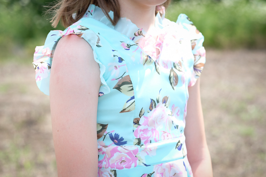 Delicate chiffon flounces on the Fireweed Dress for special occasions. V neck and invisible zipper. 