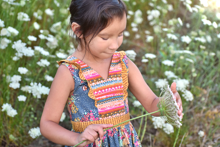 Fireweed Dress with princess seam flounce and gathered skirt.