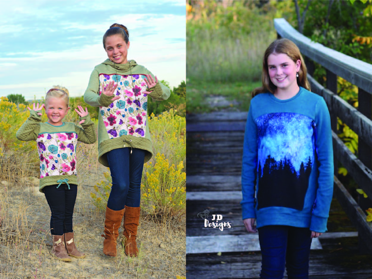 Bonfire Hoodie with 2 piece sleeves, hidden pocket, gusseted hood, unique thumbholes and a slight high low band on the hip. Optional banded neckline.