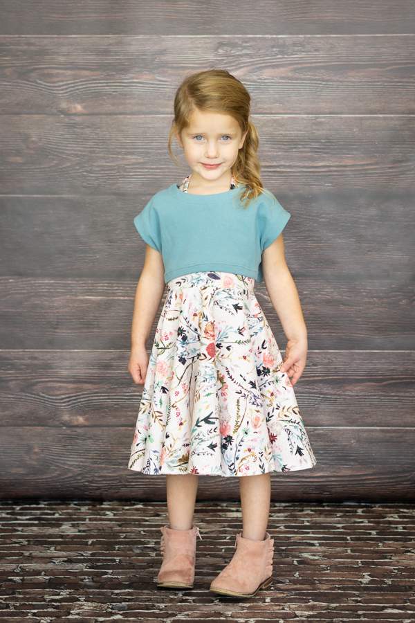 Tide Halter Dress. Fun ties at the neckline create a unique look in this knit dress pattern. Circle skirt and shown with Tundra crop top.