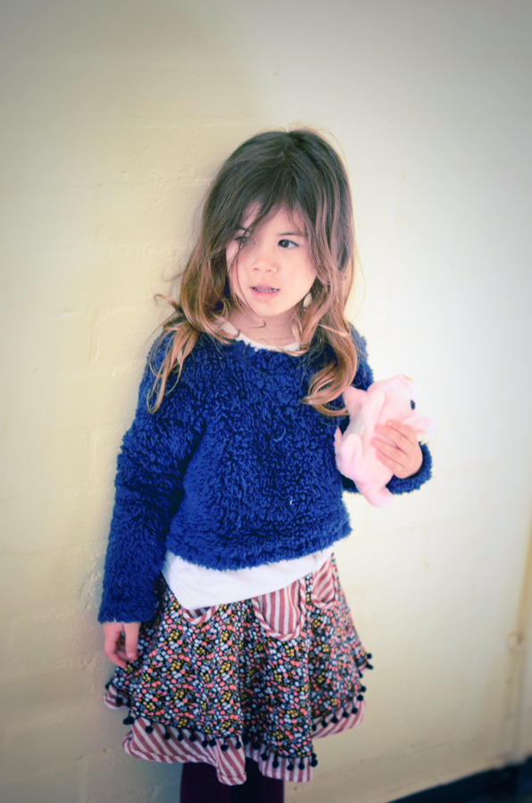 Tundra Sweater in fun fur. Waist length option and long sleeves with the Pinecone circle skirt.