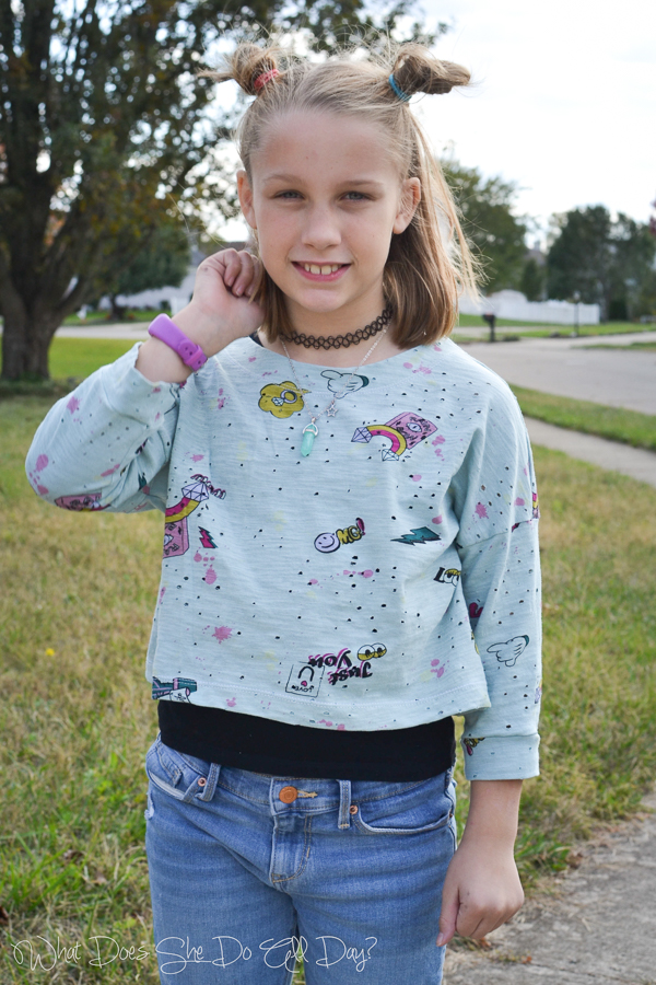 Tundra sweater in waist length and cuffed 3/4 length sleeves. Super easy and quick sew for tweens.