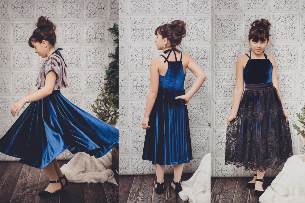 Elegant special occasion dress/outfit in stretch velvet and lace using Sofiona Designs Tide Dress and Tundra Crop Top. Girls PDF sewing pattern, sizes 2-16.