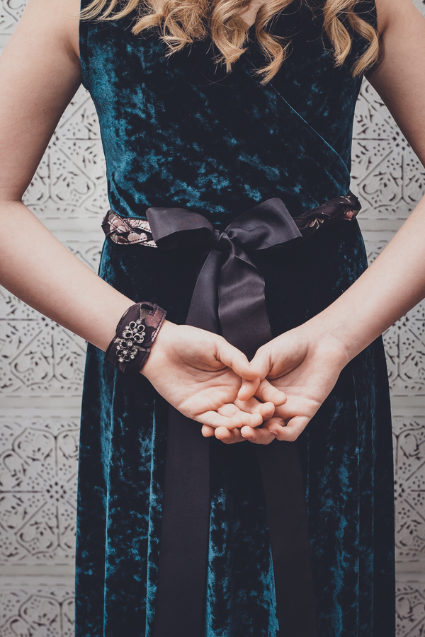 Special Occasion accessories from Sofiona Designs. PDF sewing patterns. Snowshoe cuff, and hacked Snowshoe cuff into a belt.