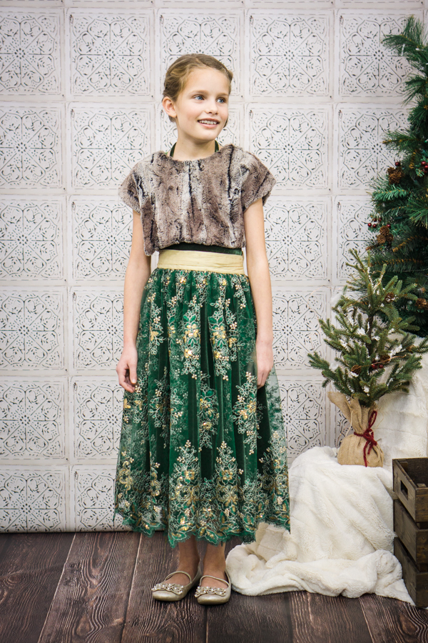 Special occasion dress/outfit using Sofiona Designs Tide Dress and Tundra Crop Top. Girls PDF sewing pattern, sizes 2-16.