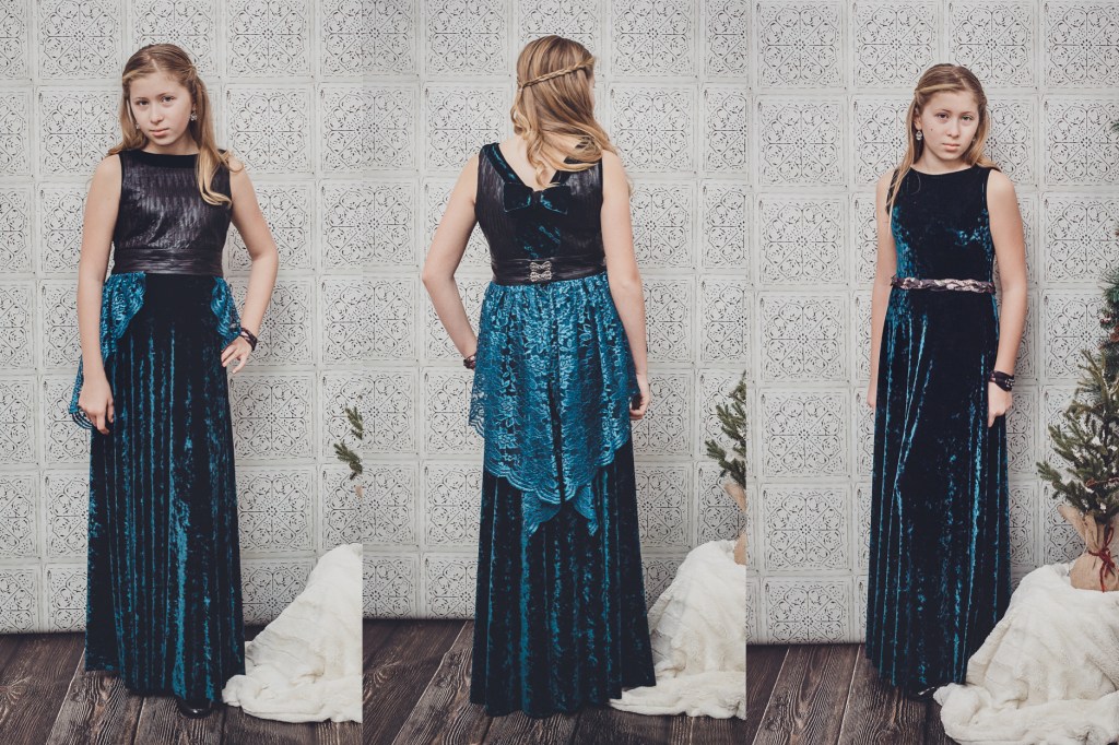 Tween/teen friendly special occasion dress in stretch velvet, lace and faux leather. Sofiona Designs Dandelion and Juniper patterns hacked into one outfit.