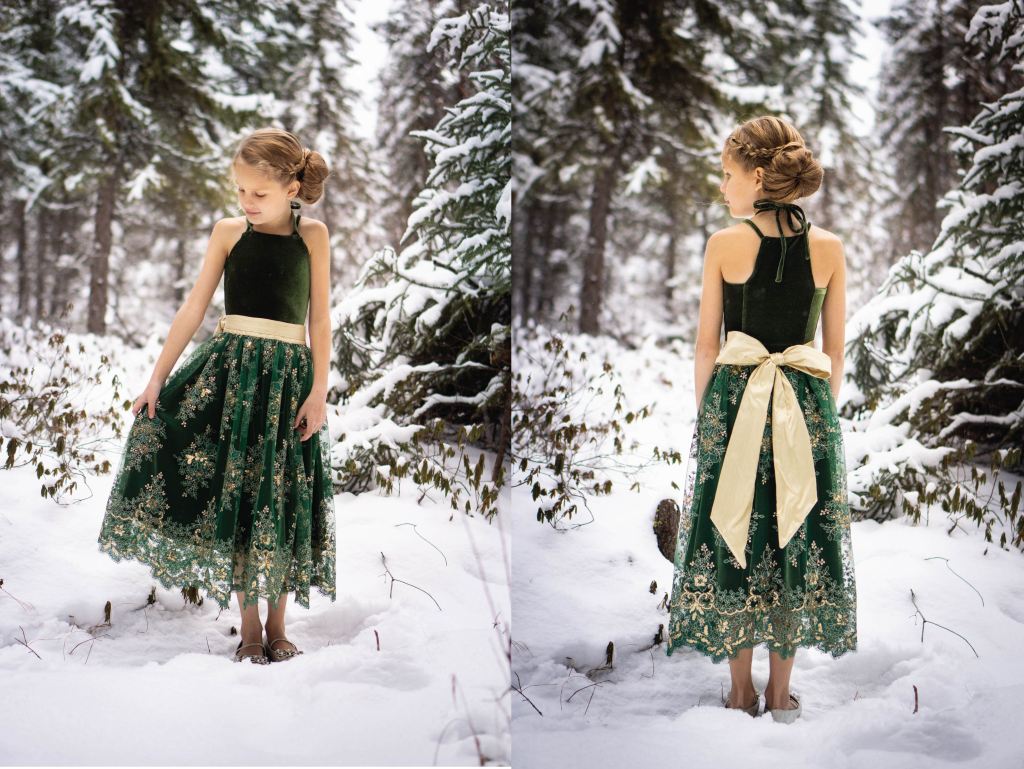 Tide Dress in knit fabric. Girls PDF Sewing pattern. Size 2-16 Sofiona Designs. Elegant special occasion velvet and lace dress.