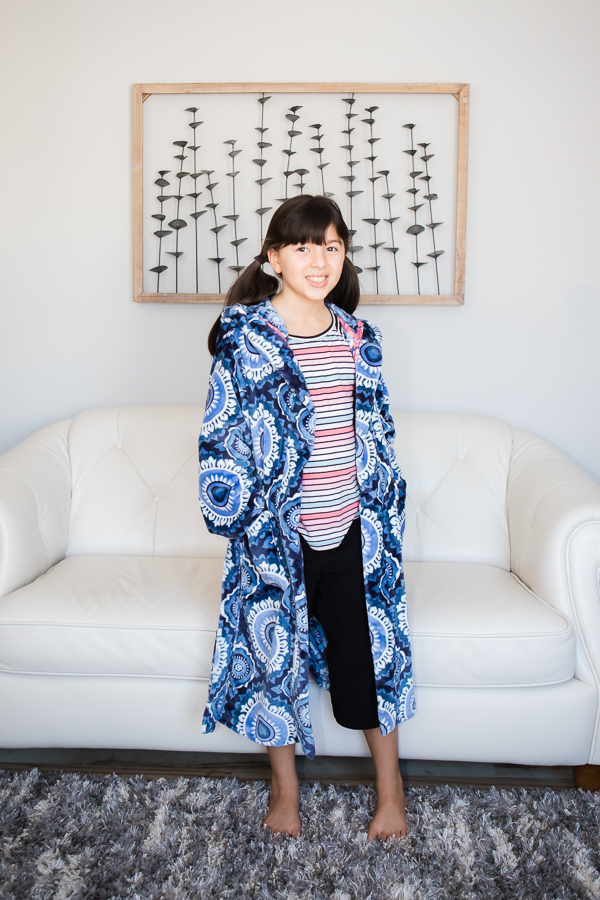 Girls PJ set using Sofiona Designs patterns: Arctic Fox Housecoat, Aurora Raglan and Starry Night PJ capris.