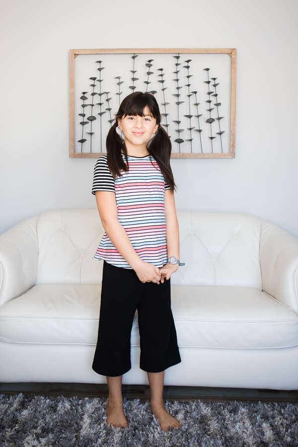 The Aurora Raglan top and Starry Night PJ capri bottoms made into a cozy new PJ set using upcycled dress.