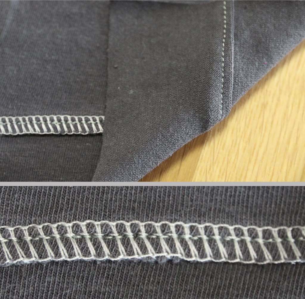 Mock coverstitch method using a serger and a regular sewing machine.