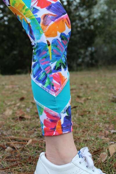 The Tamarack activewear tights in long crop length with ankle piecing. PDF pattern by Sofiona Designs for girls size 2-16.