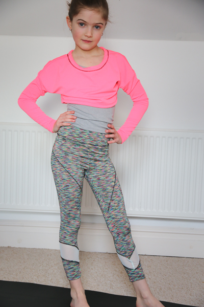 The Tamarack activewear tights in long crop length with ankle piecing. PDF pattern by Sofiona Designs for girls size 2-16.