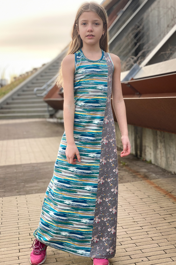 Knit maxi dress with colour blocking options from Sofiona Designs.  Cattail Tank/Dress girls PDF sewing pattern.