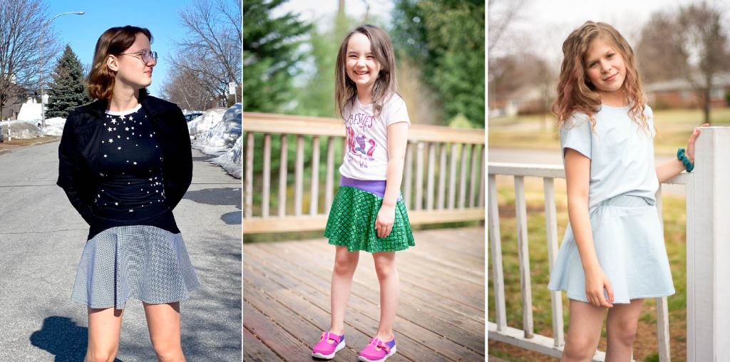 Girls size 2-16 PDF sewing pattern from Sofiona Designs. Knit skirt/skort in 2 lengths, with option for woven skirt.