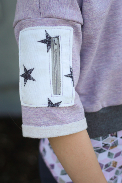 The Clover Hoodie by Sofiona Designs. Mid length sleeve with optional welt zipper pocket and visible hem.