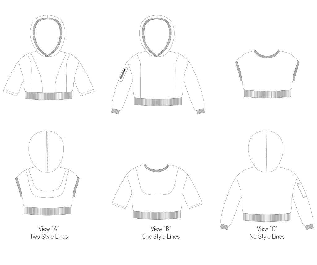 Line drawings for the Clover cropped hoodie from Sofiona Designs.