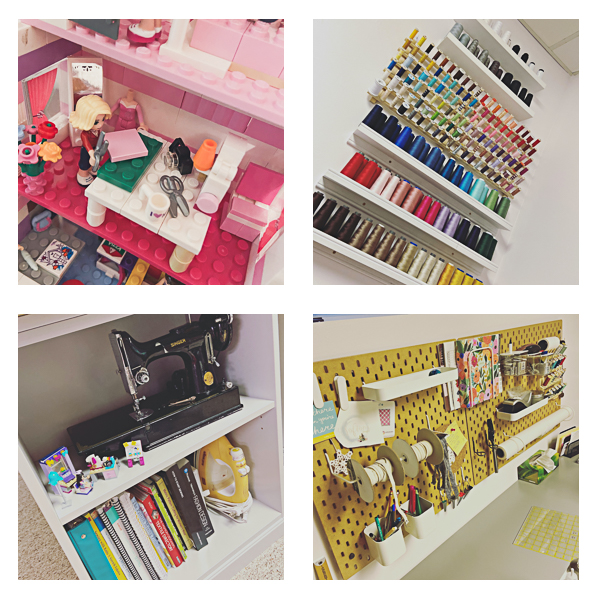 Sewing room spaces including peg board organization, thread wall on picture shelves and a vintage Singer machine.