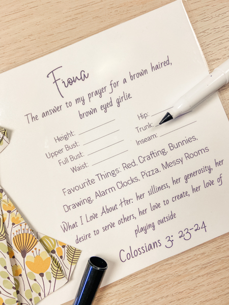 Template example for a laminated card for keeping track of sewing measurements.