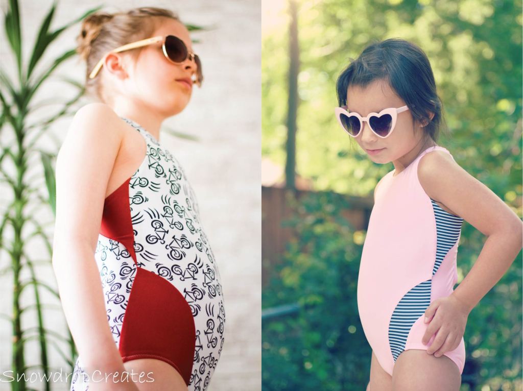 Trendy one piece girls size 2-16 PDF swim pattern with blocking options by  Sofiona Designs.