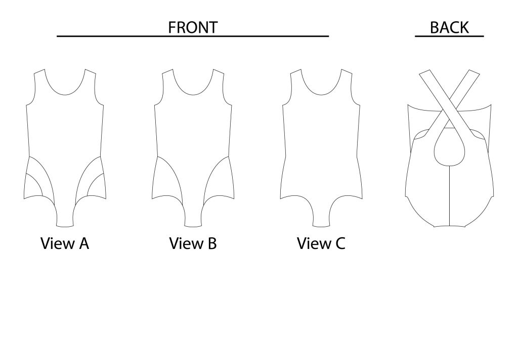 Sturgeon Swimsuit Girls size 2-16 PDF Swim pattern from Sofiona Designs.  Line drawing of options.