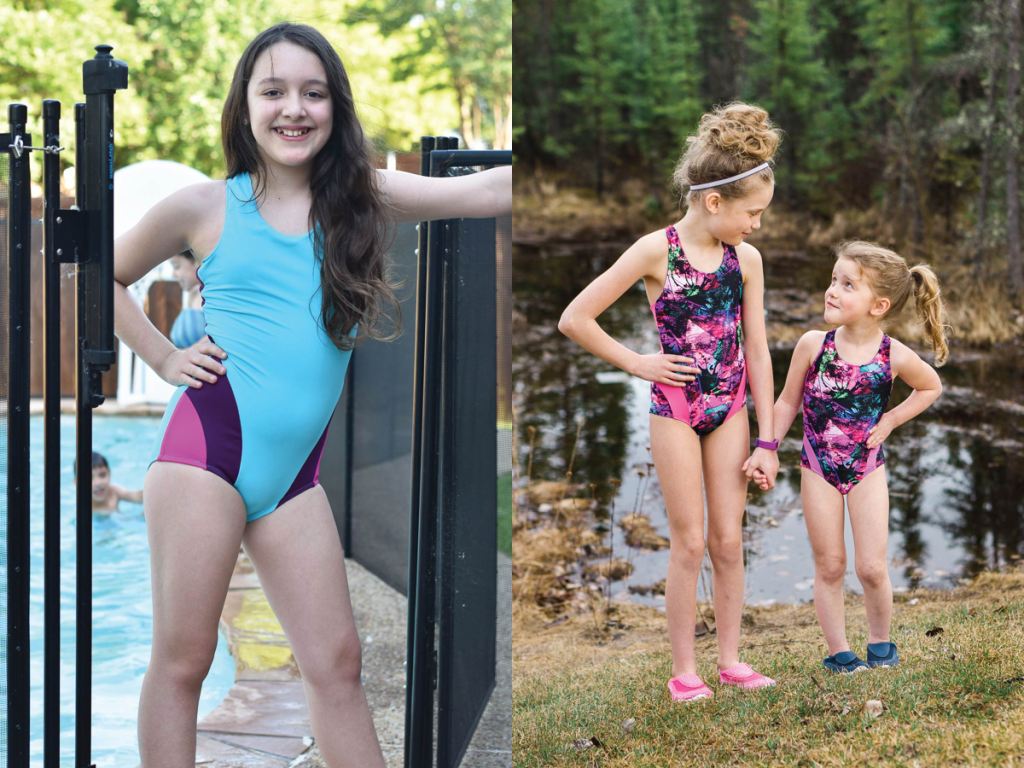 Trendy one piece girls size 2-16 PDF swim pattern with colour block options.  Sofiona Designs.