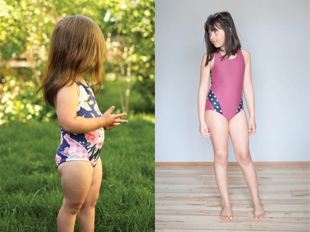 One piece girls size 2-16 PDF swim pattern with colour block options.  Sofiona Designs.
