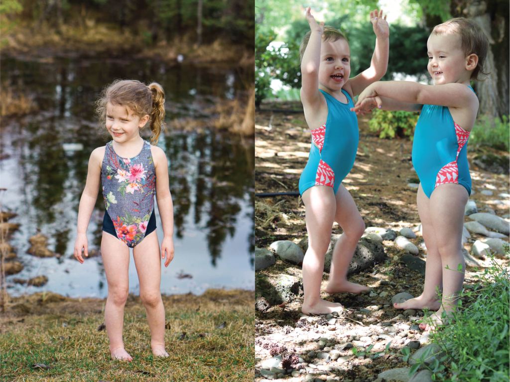 On trend one piece girls size 2-16 PDF swim pattern with colour block options.  Sofiona Designs.