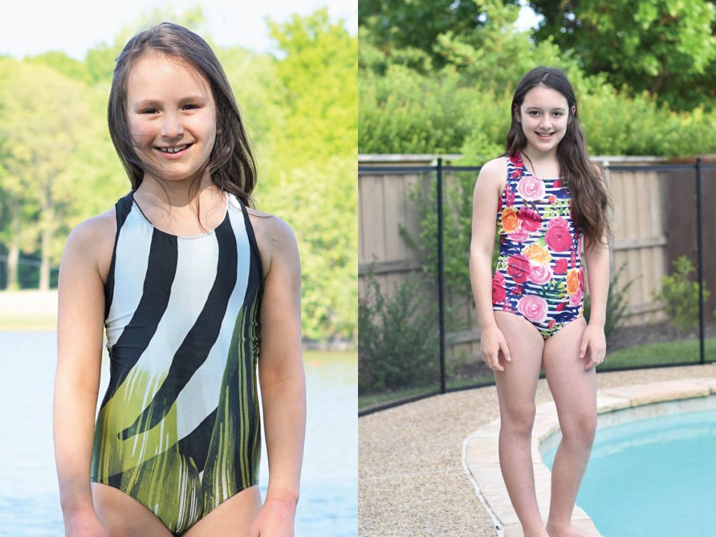 Solid front one piece girls size 2-16 PDF swim pattern.  Sofiona Designs.
