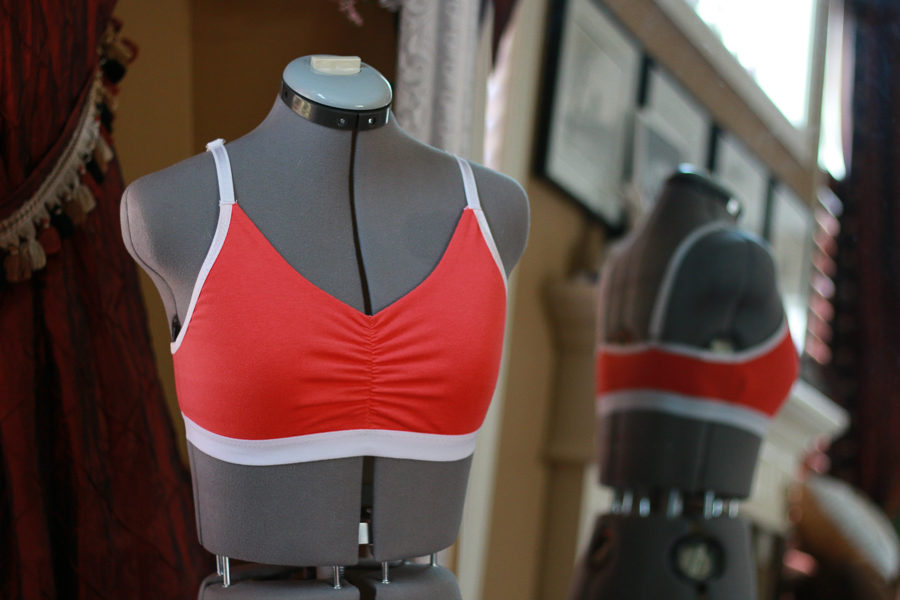 Modest coverage and a pretty ruching detail on the Wild Blueberry bralette PDF sewing pattern from Sofiona Designs.