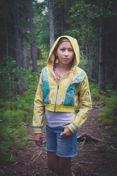 The Rose Hip jacket by Sofiona Designs made with Art Gallery Fabric canvas and cuffing from Sitka Fabrics.