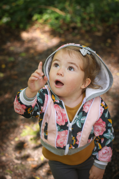 A corduroy waist length Rose Hip jacket with all options including hood, piping, welt pockets, double cuffs and zippered sleeve pocket.