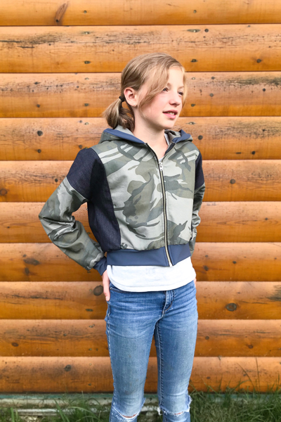 The Rose Hip jacket in View B. Shown in camo fabric as a tween friendly fall jacket.