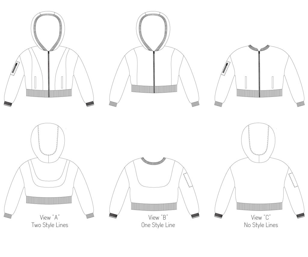 Line drawings for the Rose Hip Jacket by Sofiona Designs.