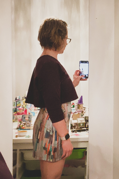 The Miss Tundra top in crop length showing the bell affect of stiff knit fabrics.