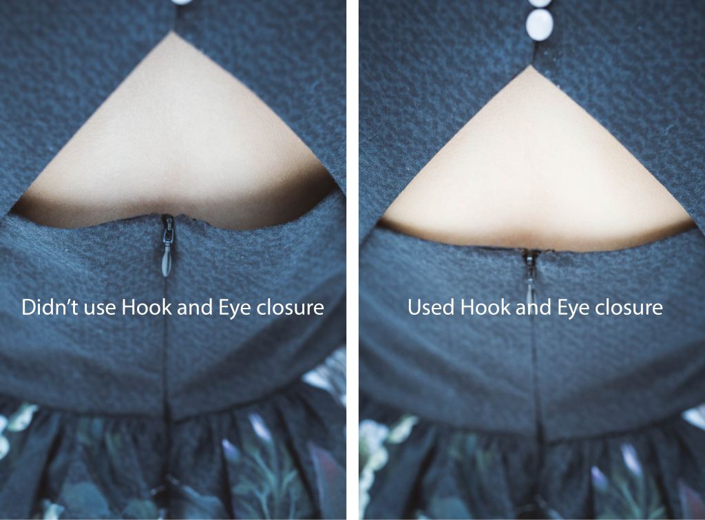 A hook and eye closure at the top of the zipper helps pull the top seamline straight.