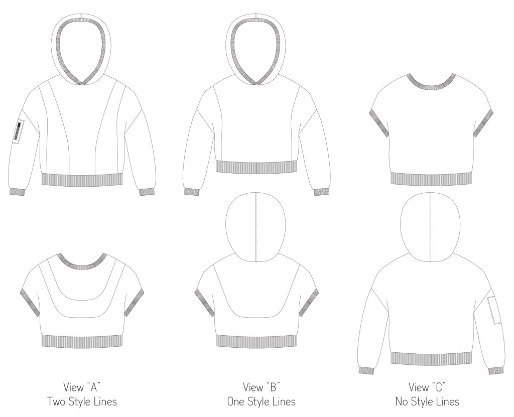 Line drawings for the Miss Clover hoodie in junior miss sizes 0-20 from Sofiona Designs.