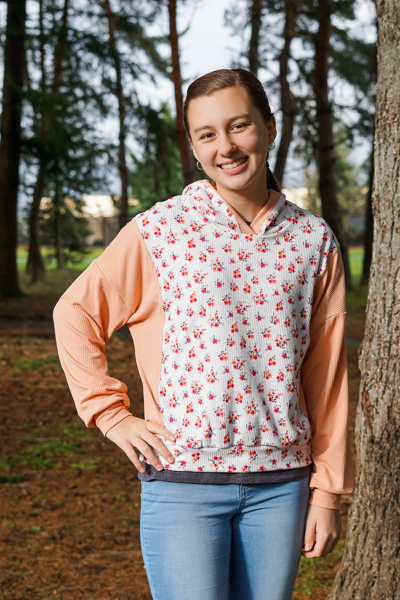 Miss Clover in view B with hood and long sleeves. Junior Miss sizes 0-20 from Sofiona Designs.