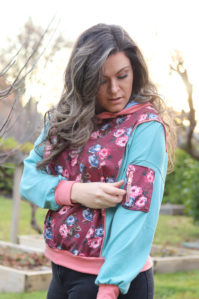 Miss Clover in view B with hood, long sleeves, and zippered pocket. Junior Miss sizes 0-20 from Sofiona Designs.