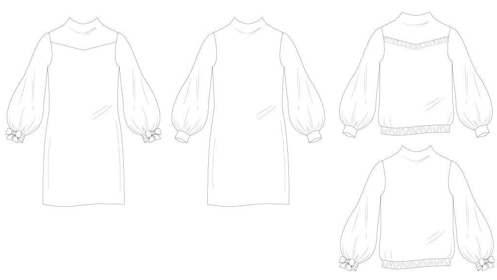 Line drawings for Caribou/Miss Caribou shirt and dress.