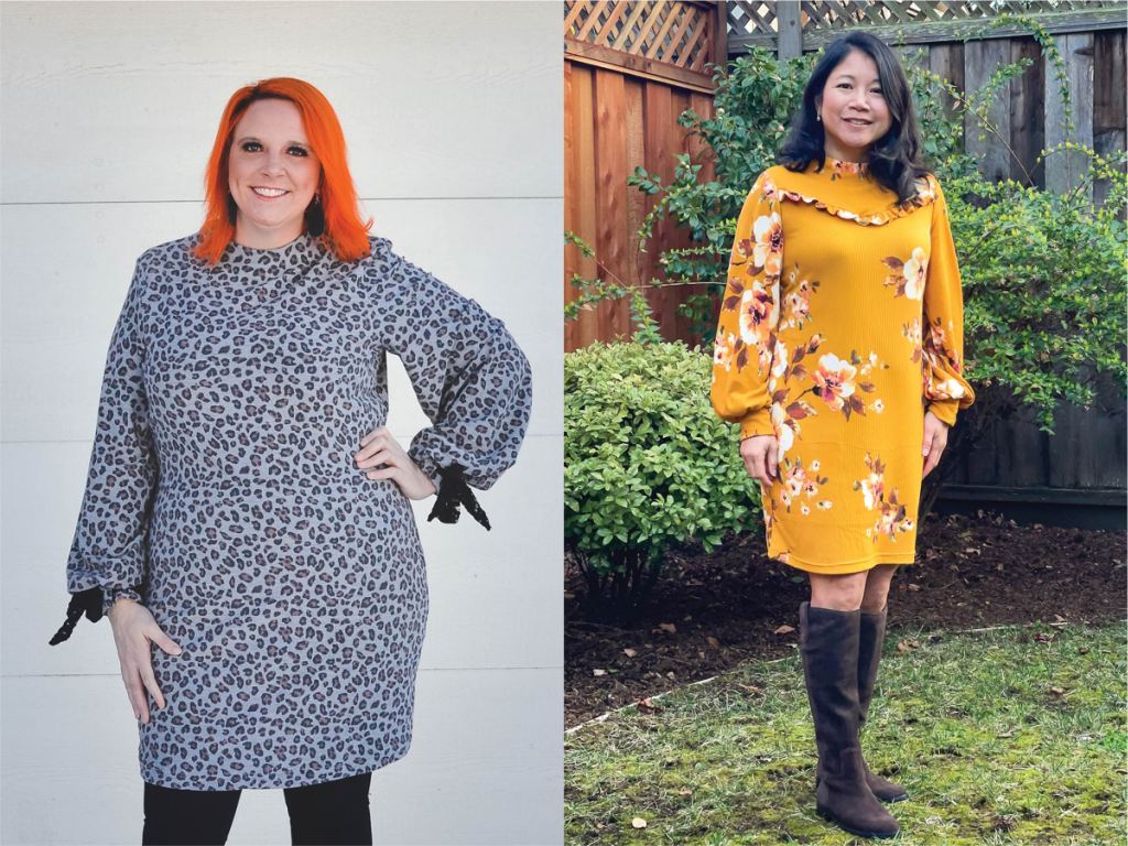 Knee length knit dress with fun piecing and detail options.