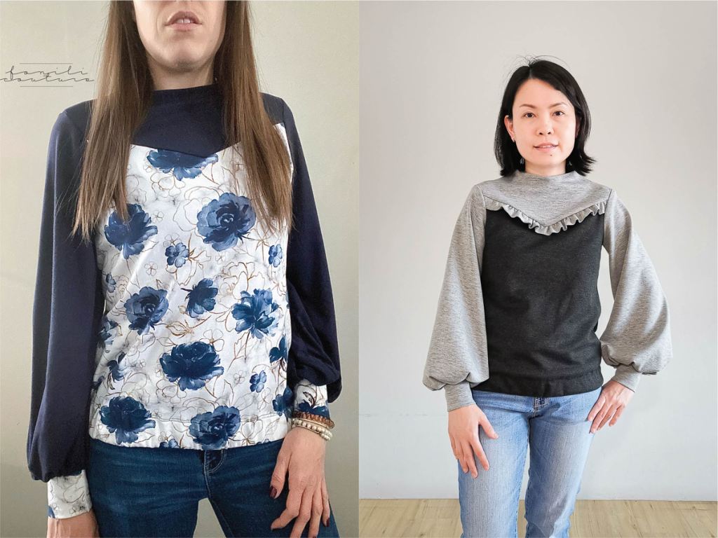 Trendy bishop sleeves with a high neck feature.