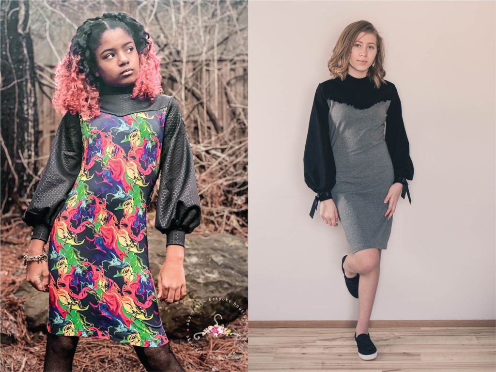 Caribou dress featuring high neck and bishop sleeves.