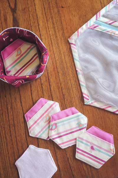 Sweet striped fabric makes a pretty set of reusable make-up remover pads, storage basket and mesh laundry bag.